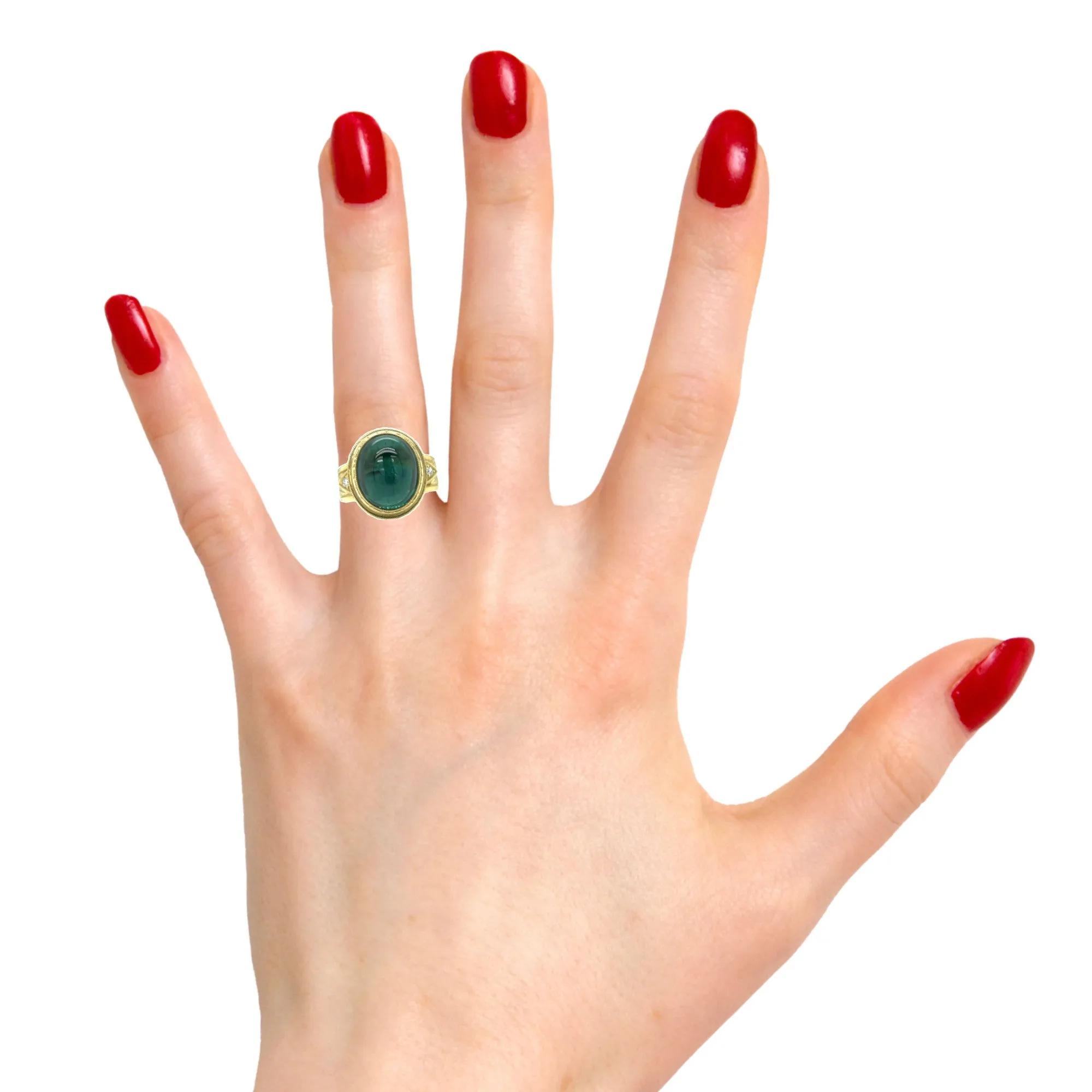 9.80 Carat Green Tourmaline Cabochon Diamond Yellow Gold Bezel Band Dome Ring