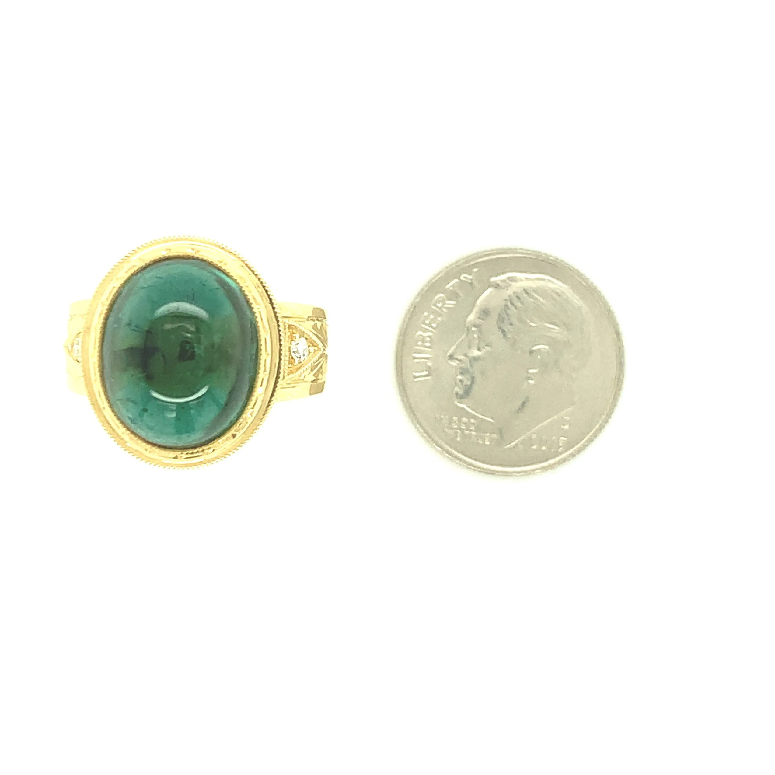 9.80 Carat Green Tourmaline Cabochon Diamond Yellow Gold Bezel Band Dome Ring