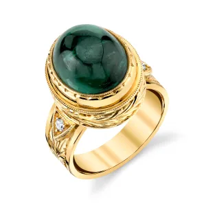 9.80 Carat Green Tourmaline Cabochon Diamond Yellow Gold Bezel Band Dome Ring