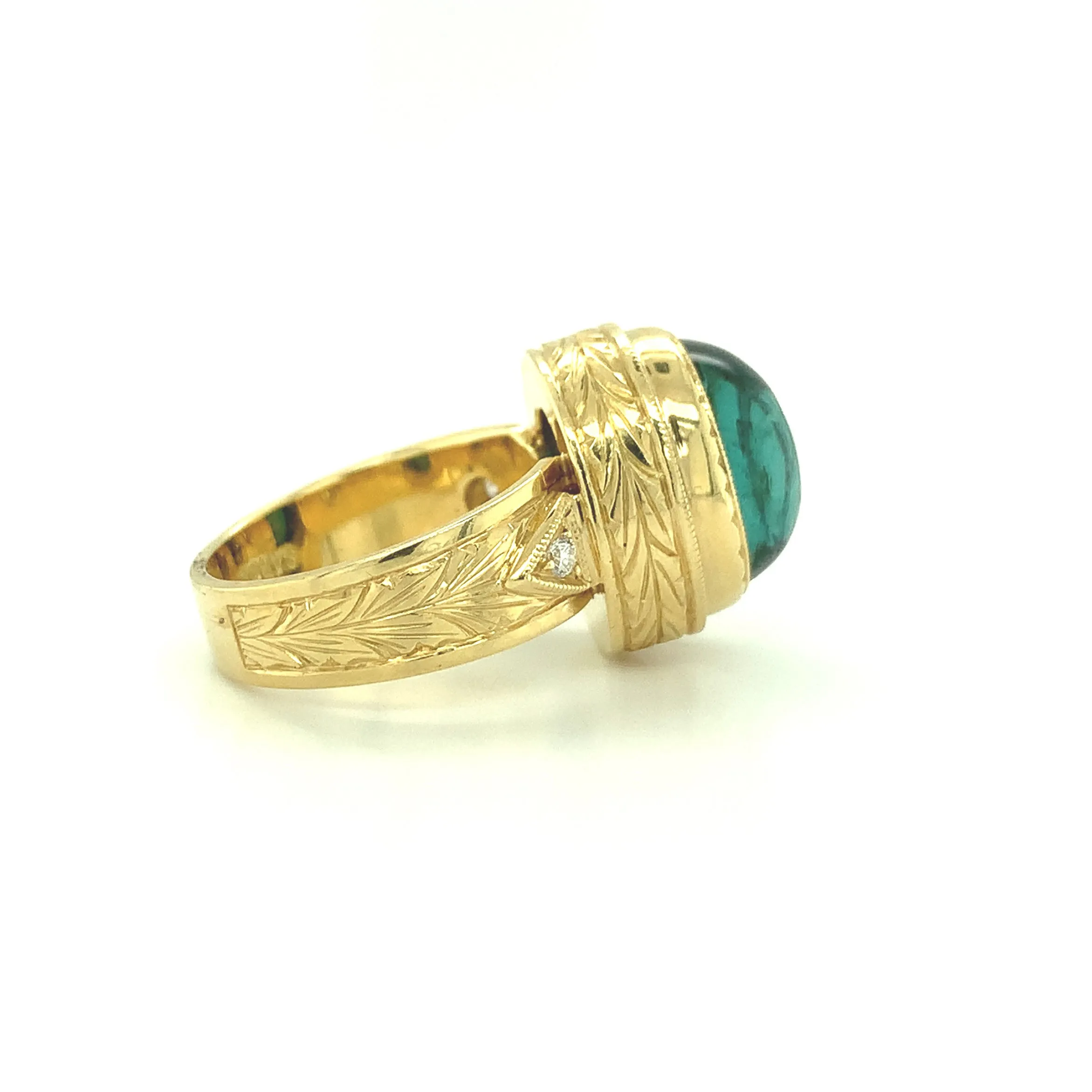 9.80 Carat Green Tourmaline Cabochon Diamond Yellow Gold Bezel Band Dome Ring