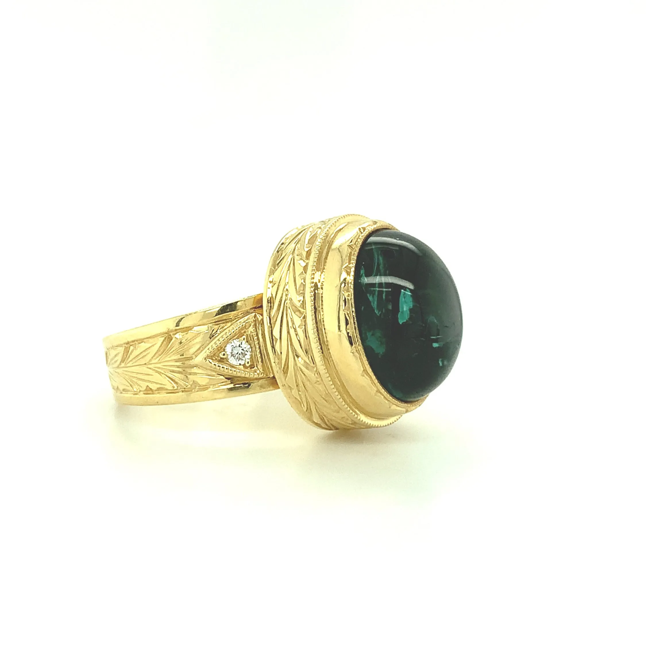 9.80 Carat Green Tourmaline Cabochon Diamond Yellow Gold Bezel Band Dome Ring