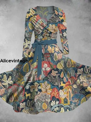Abstract Art Print Vintage V-Neck Long Sleeve Two-Piece Midi Dress