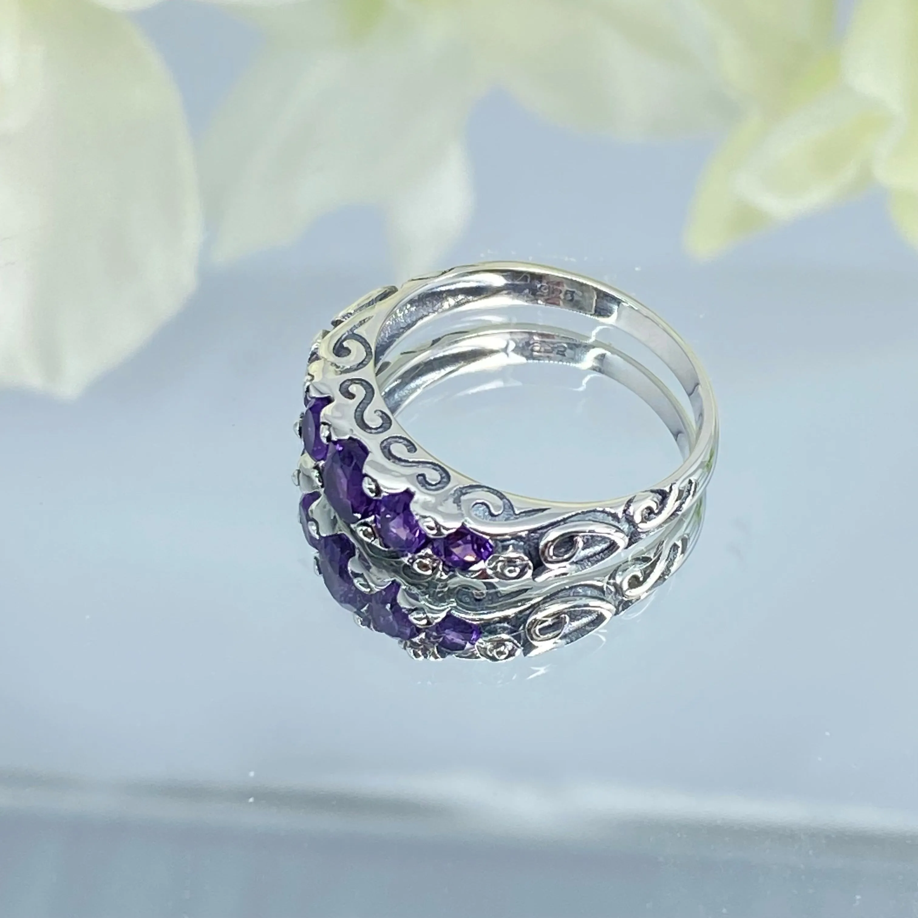Amethyst Ring, Natural or CZ Gem, 5-stone Georgian Ring, Victorian Jewelry #D19