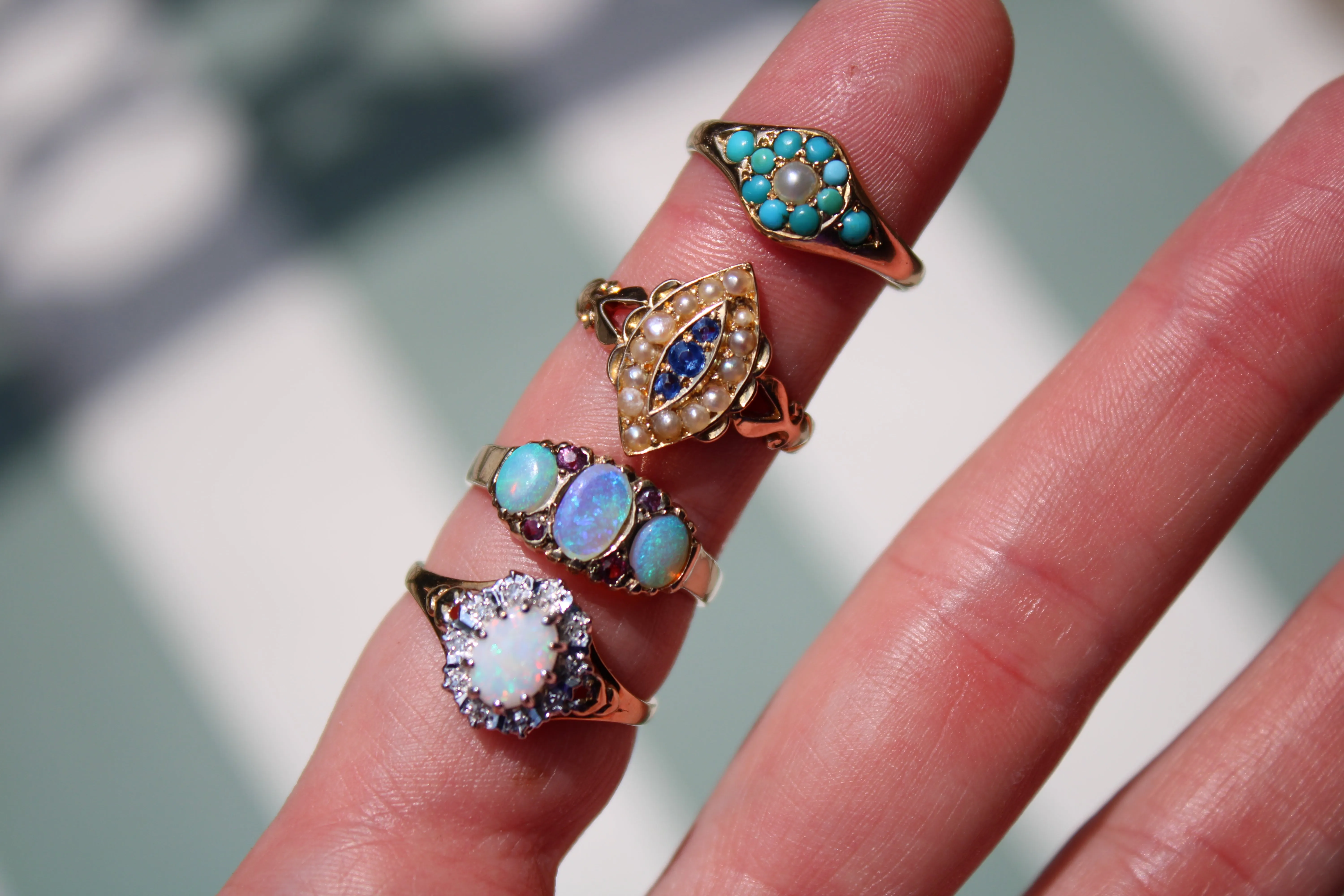 Antique 18k Gold Sapphire Pearl Navette Ring- (dated 1903)