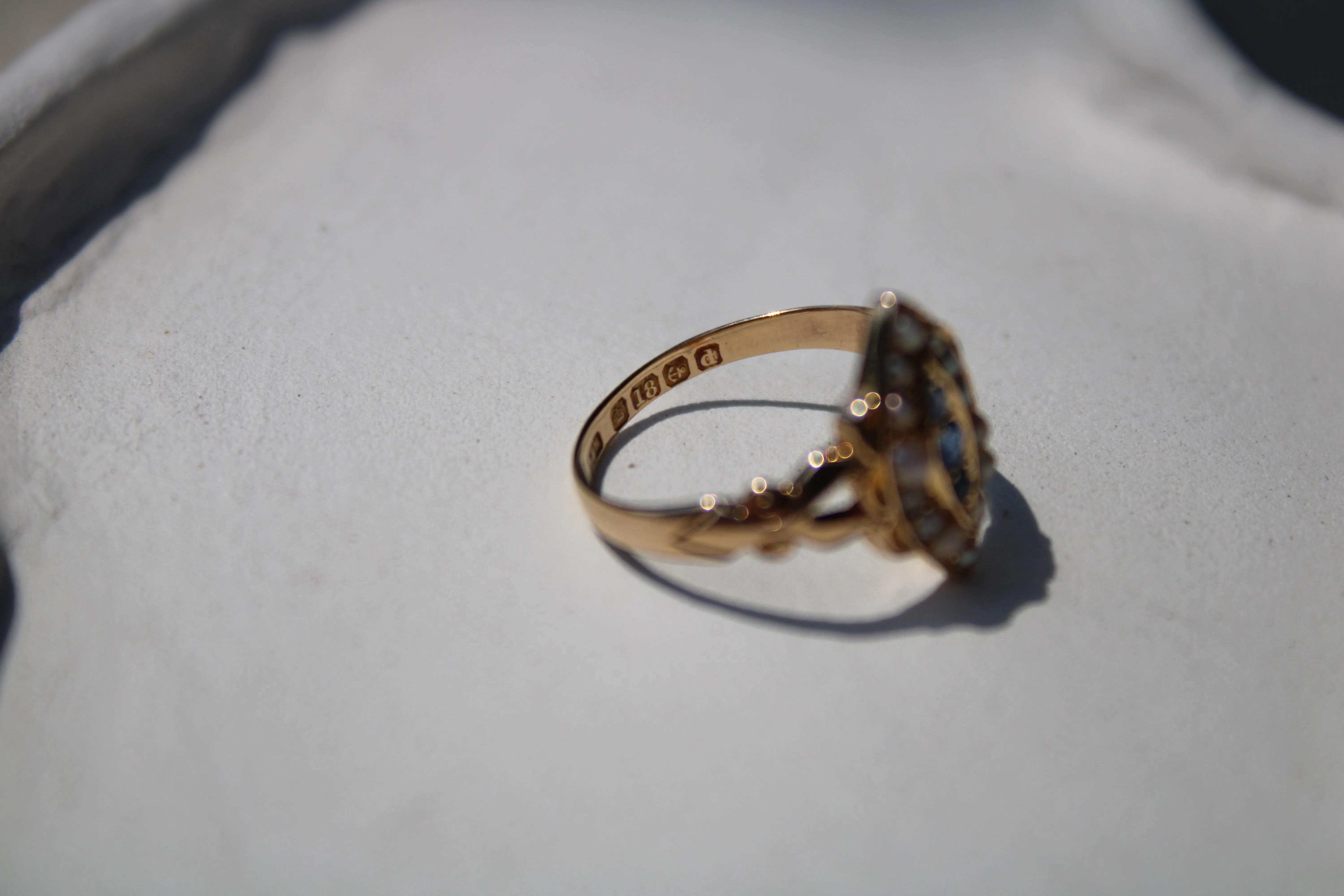 Antique 18k Gold Sapphire Pearl Navette Ring- (dated 1903)