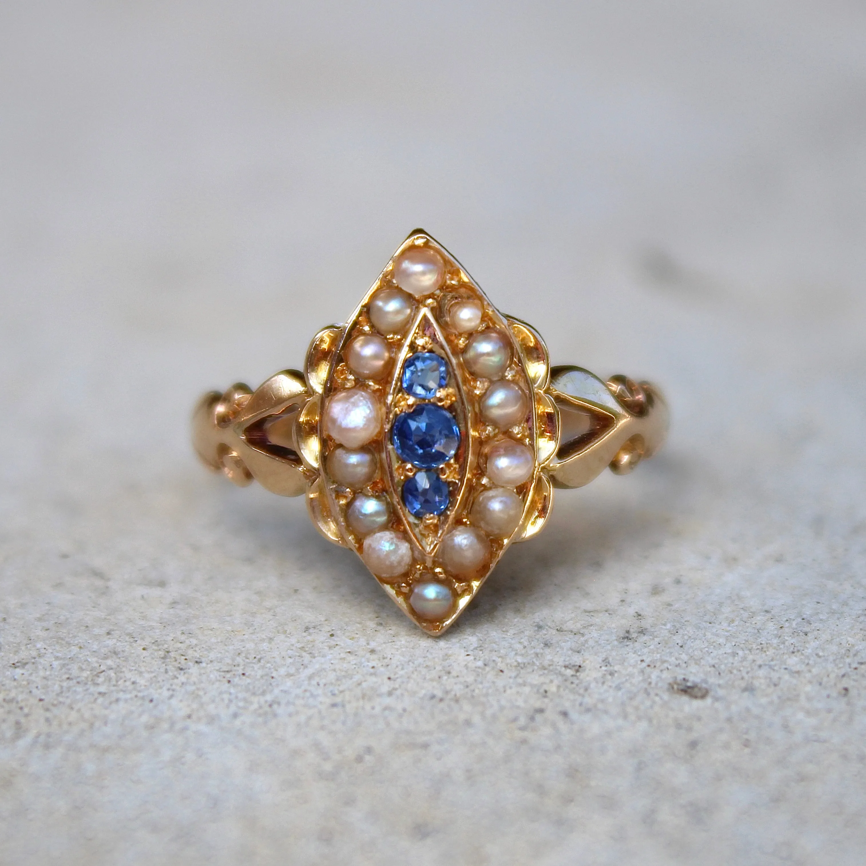 Antique 18k Gold Sapphire Pearl Navette Ring- (dated 1903)