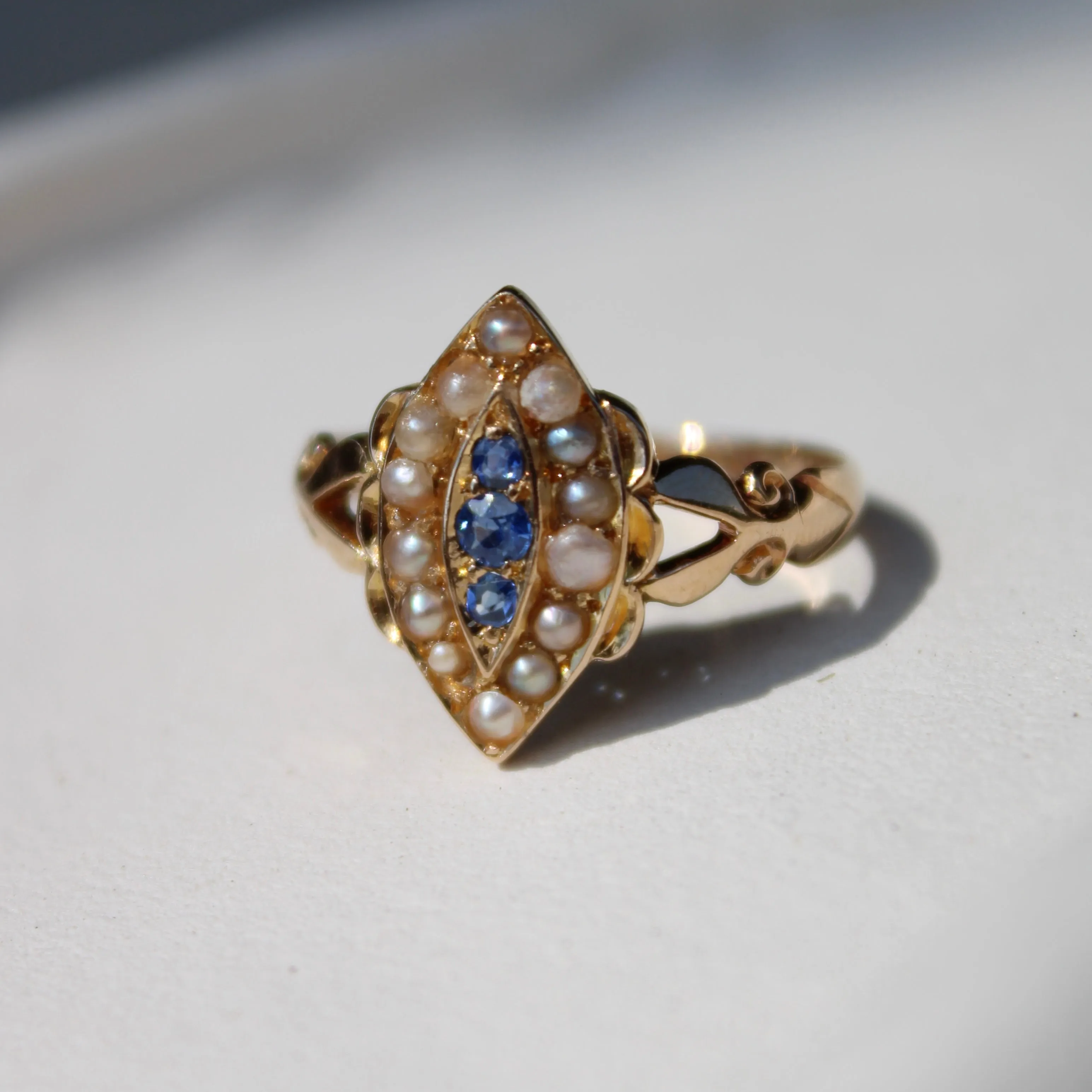 Antique 18k Gold Sapphire Pearl Navette Ring- (dated 1903)