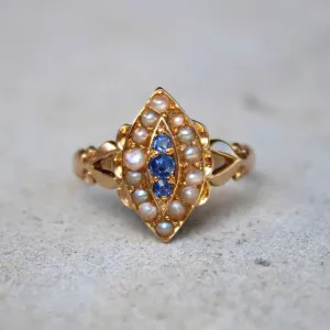 Antique 18k Gold Sapphire Pearl Navette Ring- (dated 1903)