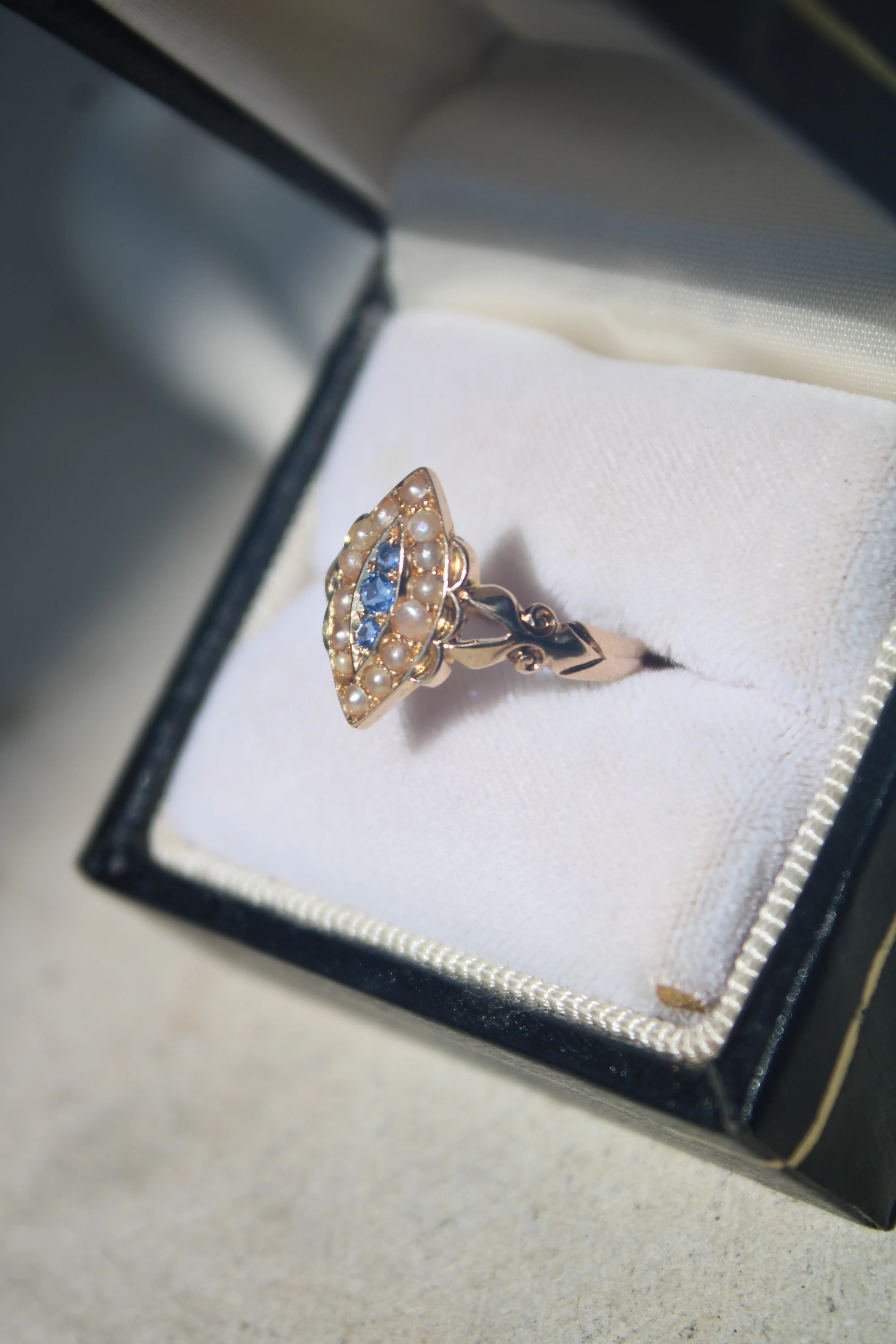 Antique 18k Gold Sapphire Pearl Navette Ring- (dated 1903)