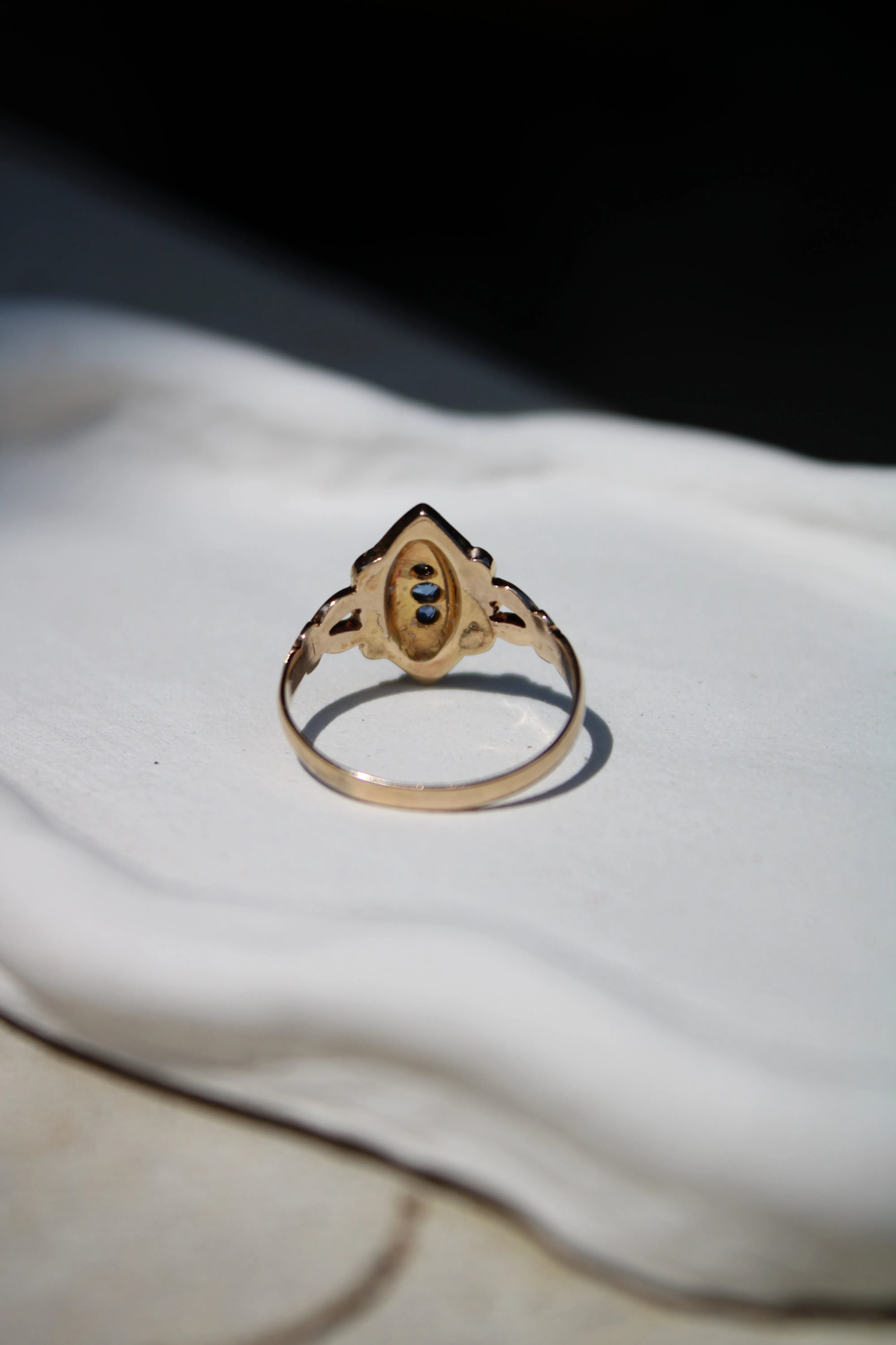 Antique 18k Gold Sapphire Pearl Navette Ring- (dated 1903)