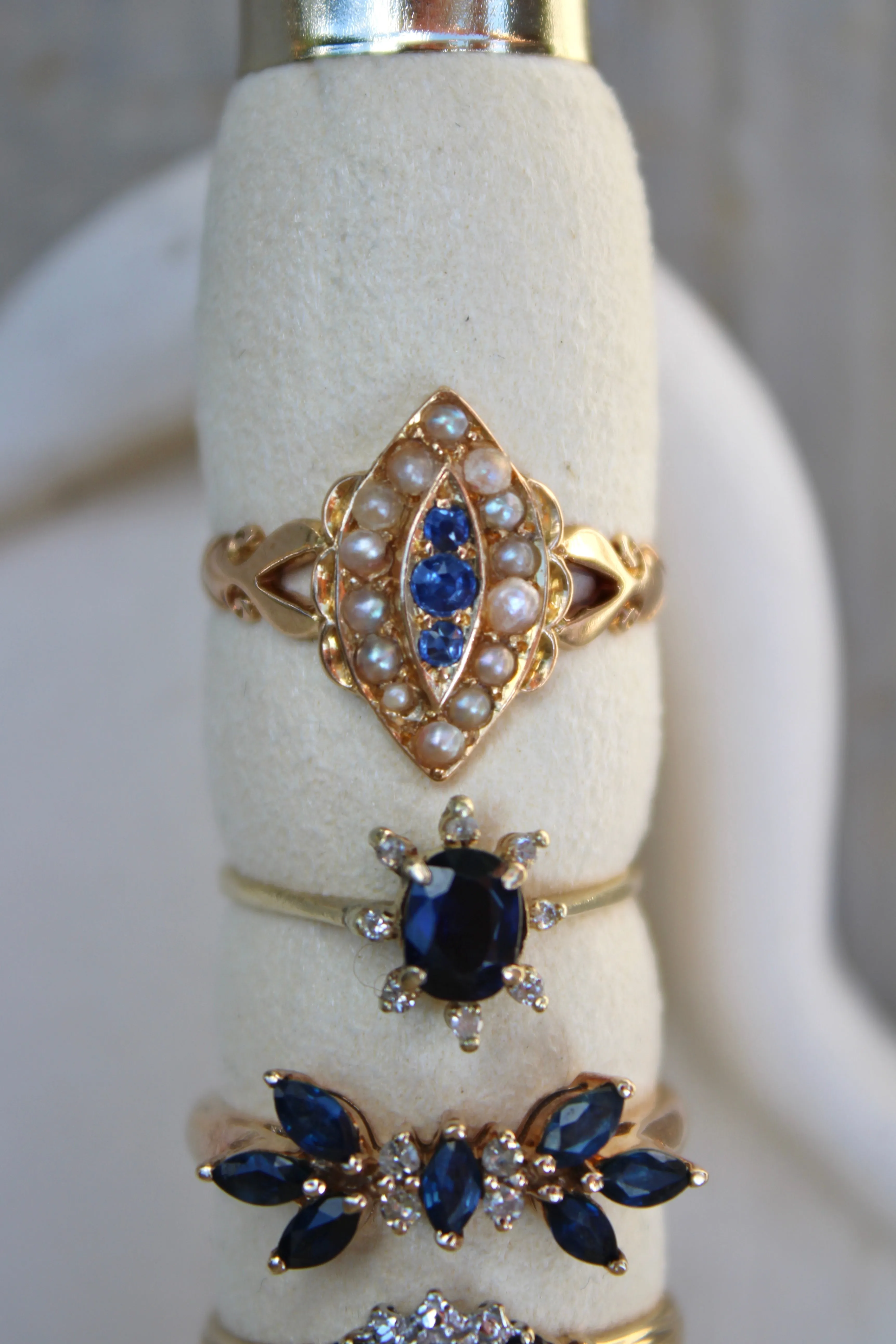 Antique 18k Gold Sapphire Pearl Navette Ring- (dated 1903)