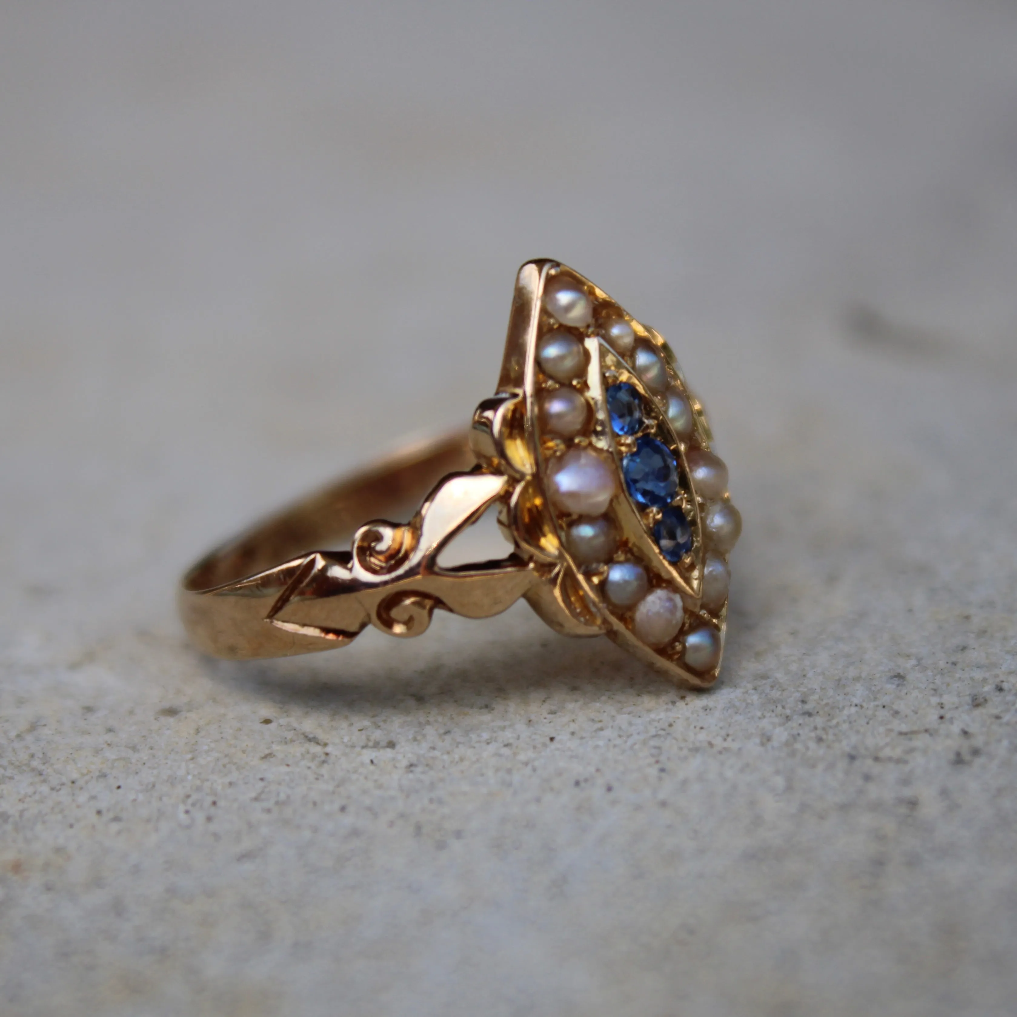 Antique 18k Gold Sapphire Pearl Navette Ring- (dated 1903)