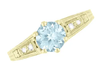 Art Deco Antique Style Aquamarine and Diamond Filigree Engagement Ring in 14 Karat Yellow Gold