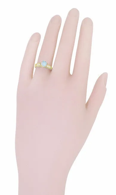 Art Deco Antique Style Aquamarine and Diamond Filigree Engagement Ring in 14 Karat Yellow Gold