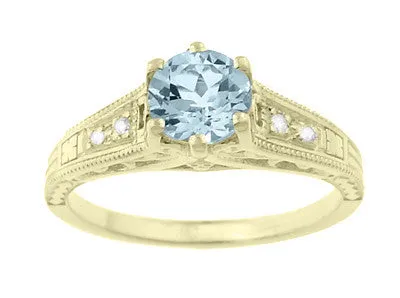 Art Deco Antique Style Aquamarine and Diamond Filigree Engagement Ring in 14 Karat Yellow Gold