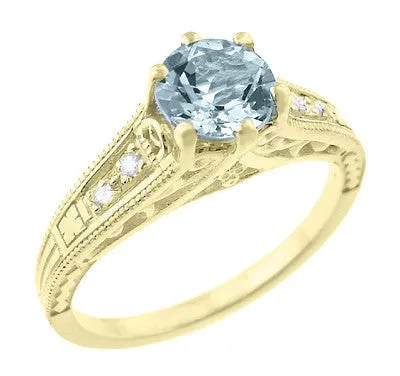 Art Deco Antique Style Aquamarine and Diamond Filigree Engagement Ring in 14 Karat Yellow Gold
