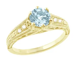Art Deco Antique Style Aquamarine and Diamond Filigree Engagement Ring in 14 Karat Yellow Gold
