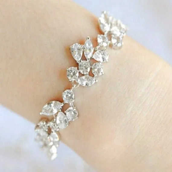 Art Deco Cubic Zirconia Crystal Bridal Bracelet, Floral Leaf Vine CZ Wedding Bracelet, Grecian Victorian Crystal Leaf Link Bracelet
