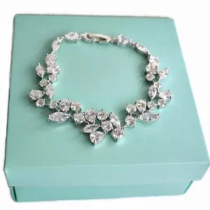Art Deco Cubic Zirconia Crystal Bridal Bracelet, Floral Leaf Vine CZ Wedding Bracelet, Grecian Victorian Crystal Leaf Link Bracelet