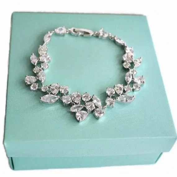 Art Deco Cubic Zirconia Crystal Bridal Bracelet, Floral Leaf Vine CZ Wedding Bracelet, Grecian Victorian Crystal Leaf Link Bracelet