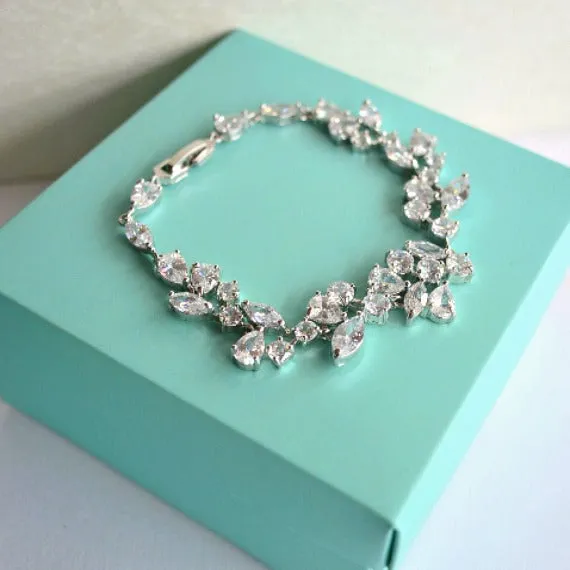 Art Deco Cubic Zirconia Crystal Bridal Bracelet, Floral Leaf Vine CZ Wedding Bracelet, Grecian Victorian Crystal Leaf Link Bracelet