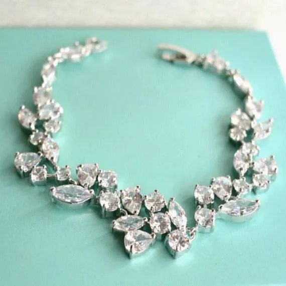 Art Deco Cubic Zirconia Crystal Bridal Bracelet, Floral Leaf Vine CZ Wedding Bracelet, Grecian Victorian Crystal Leaf Link Bracelet