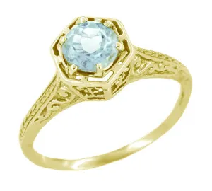 Art Deco Filigree Hexagonal 3/4 Carat Aquamarine Engagement Ring in 14K Yellow Gold