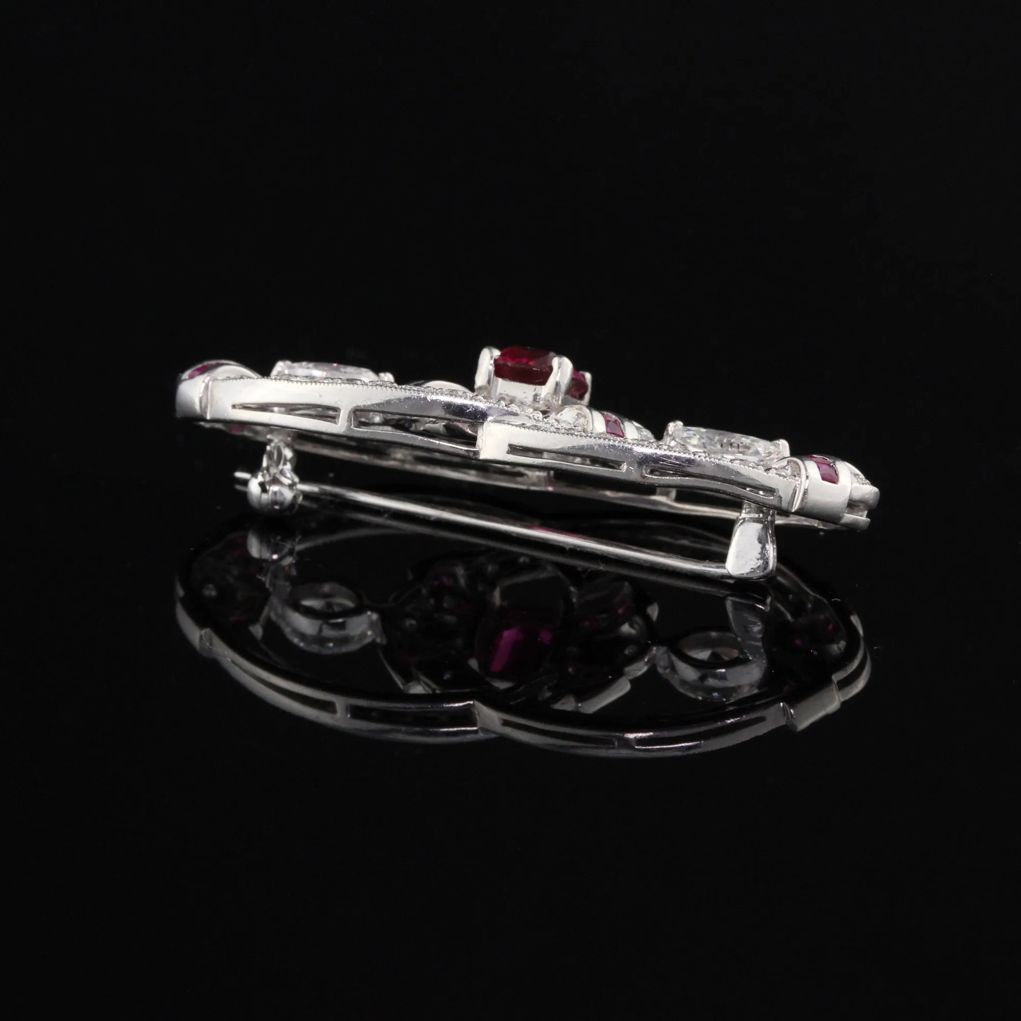Art Deco Style Platinum, Diamond & Ruby Pin Brooch