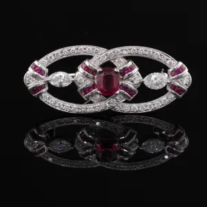 Art Deco Style Platinum, Diamond & Ruby Pin Brooch