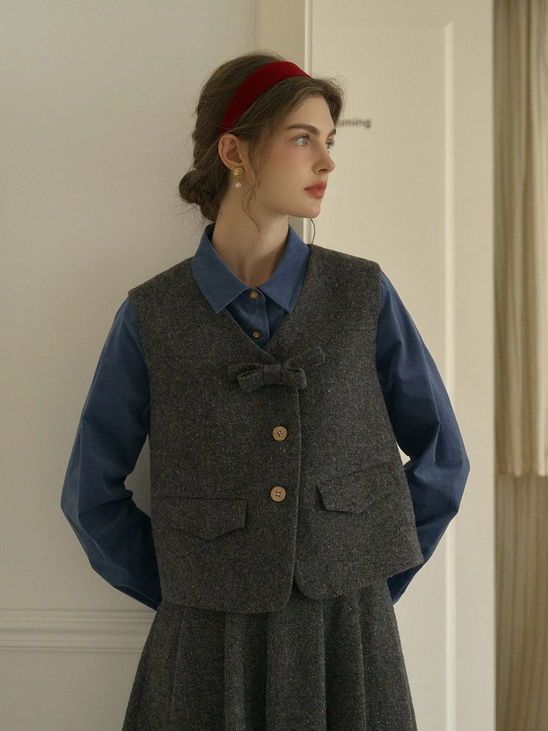 Ashlyn Sweet V-neck Slim 3D Bow Pocket Wool Vest - Gray