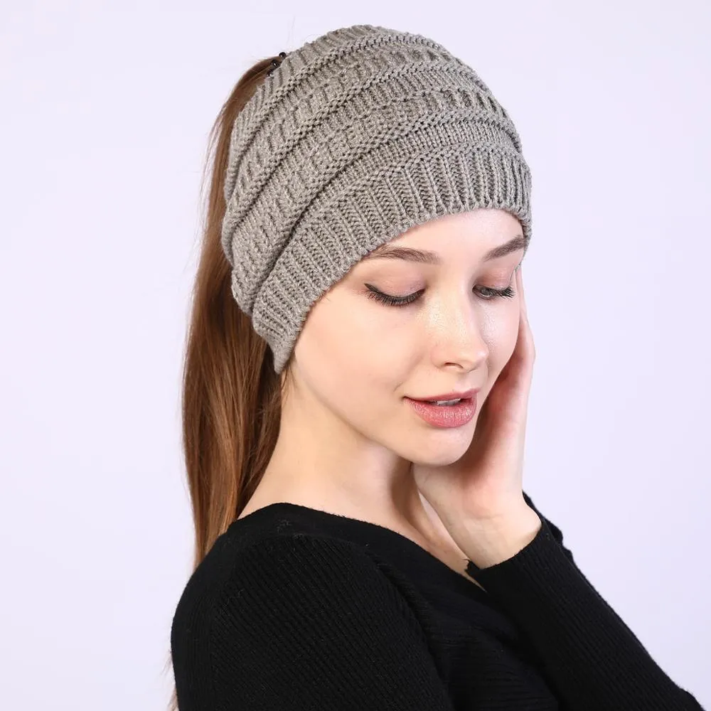 autumn winter Ponytail Beanie hat Women Stretch Knitted Beanies cap