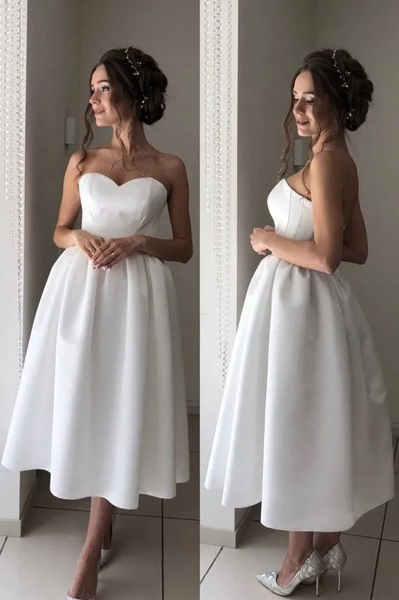 Bandeau Strapless Tea-length Casual Wedding Dresses 2020