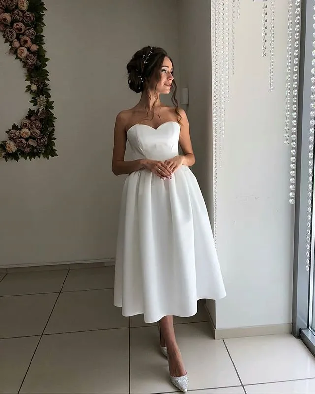 Bandeau Strapless Tea-length Casual Wedding Dresses 2020