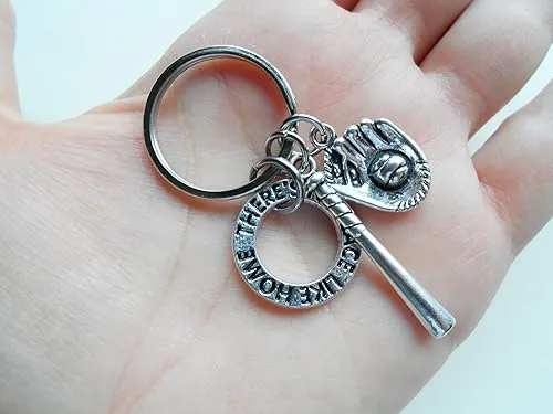 Baseball or Softball Keychain with Baseball Mitt Charm, Baseball Bat Charm, and a "There's No Place Like Home" Ring Charm, Team Player Keychain