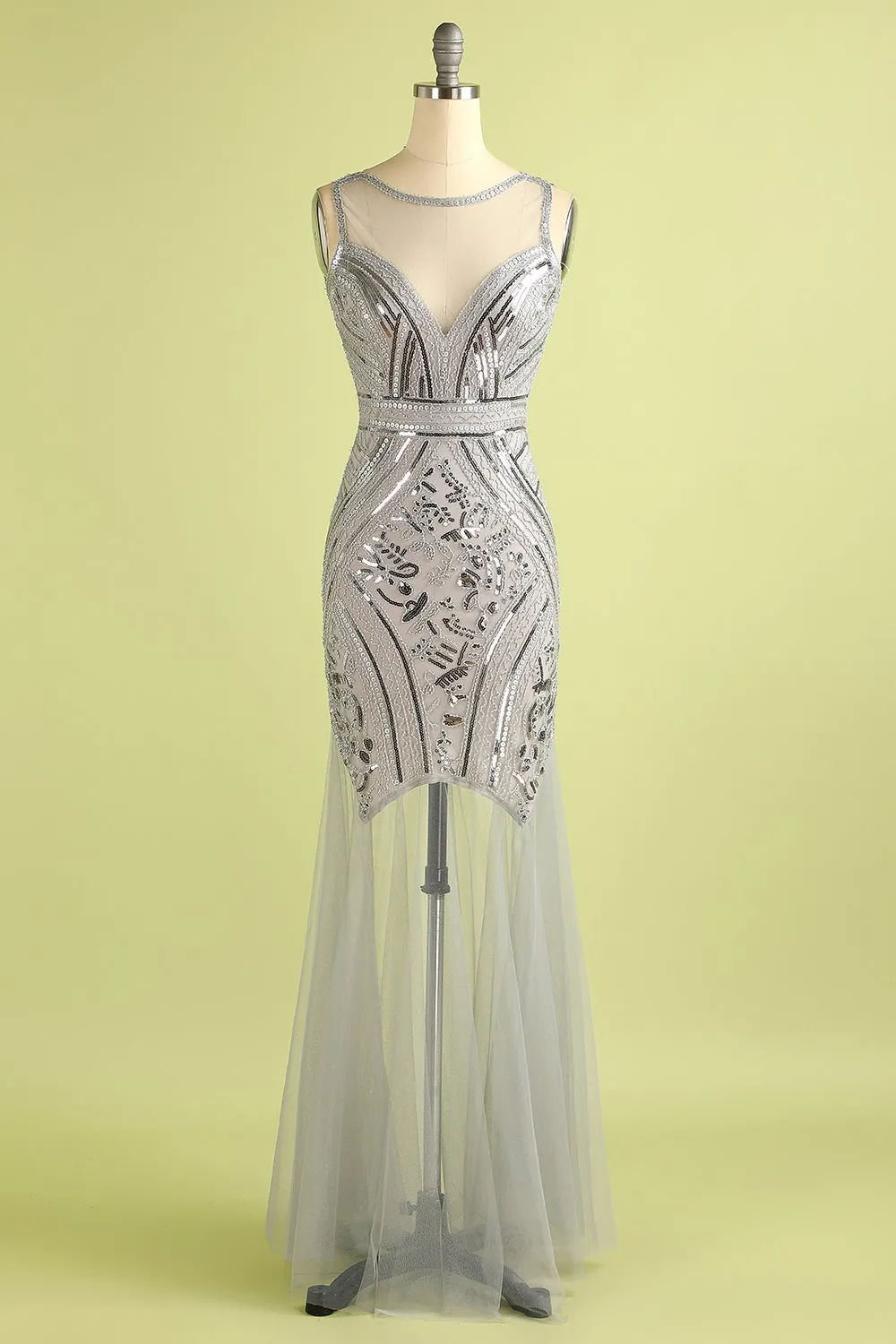 Black and Gold Long Tulle Sequin 1920s Dress