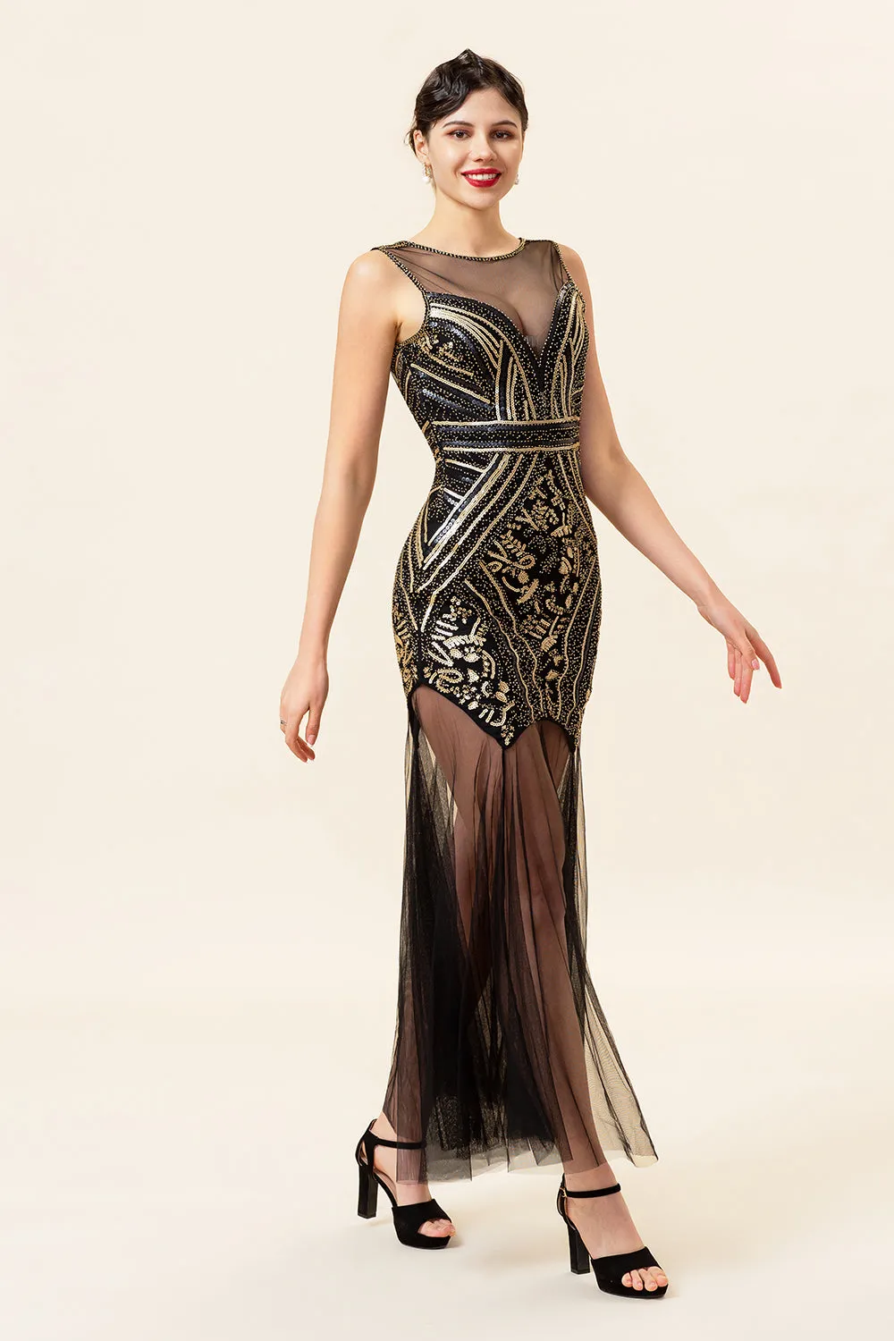 Black and Gold Long Tulle Sequin 1920s Dress