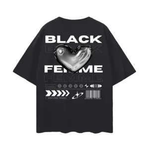 Black Femme Streetwear Fashion Chrome Heart on Black Oversize Deep Drop Shoulder Tee - 190 GSM