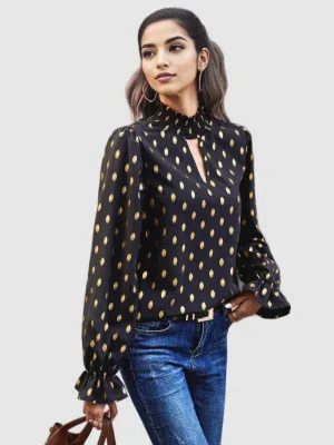 Black Full Sleeved Retro Polka Dots Top