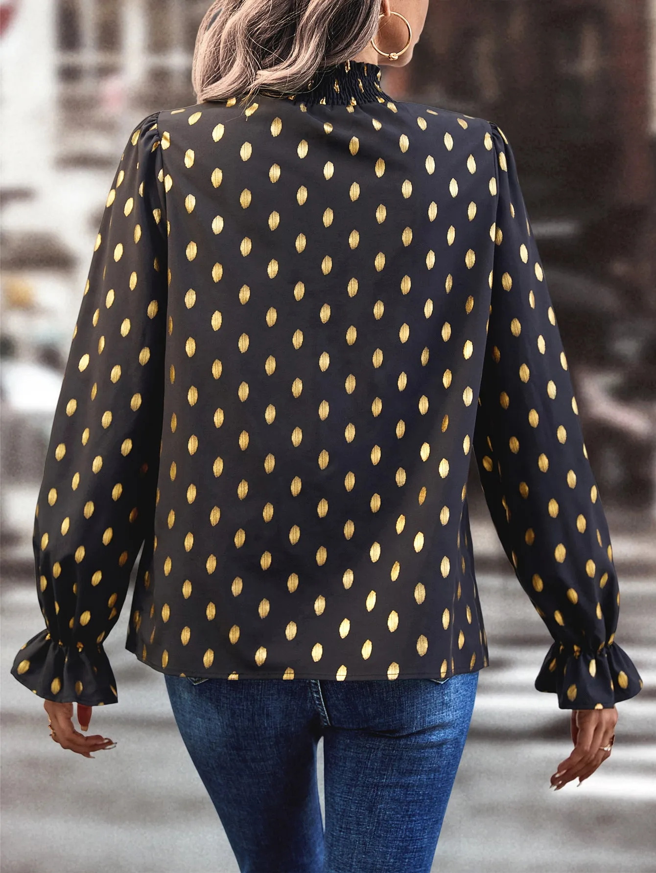 Black Full Sleeved Retro Polka Dots Top