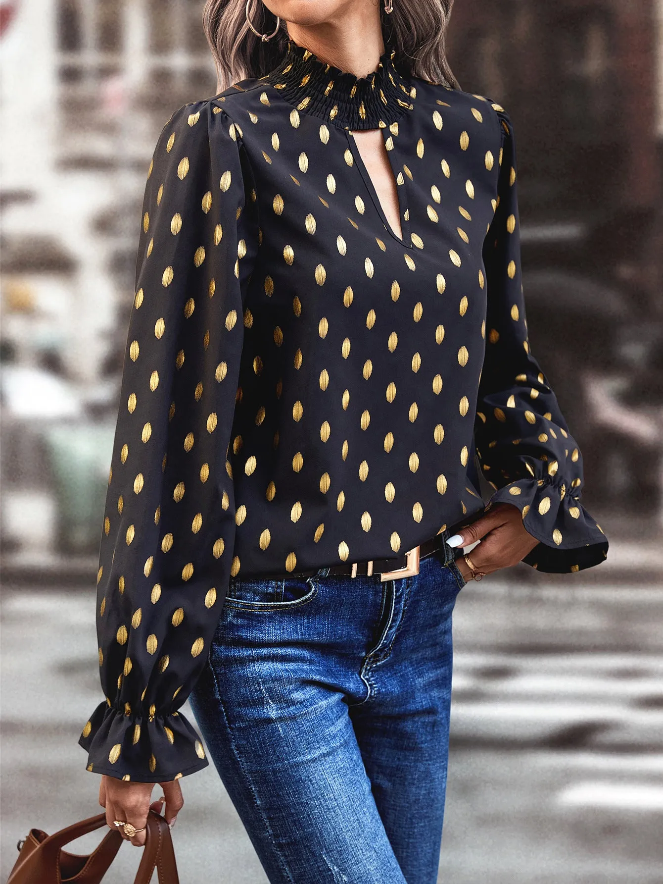 Black Full Sleeved Retro Polka Dots Top