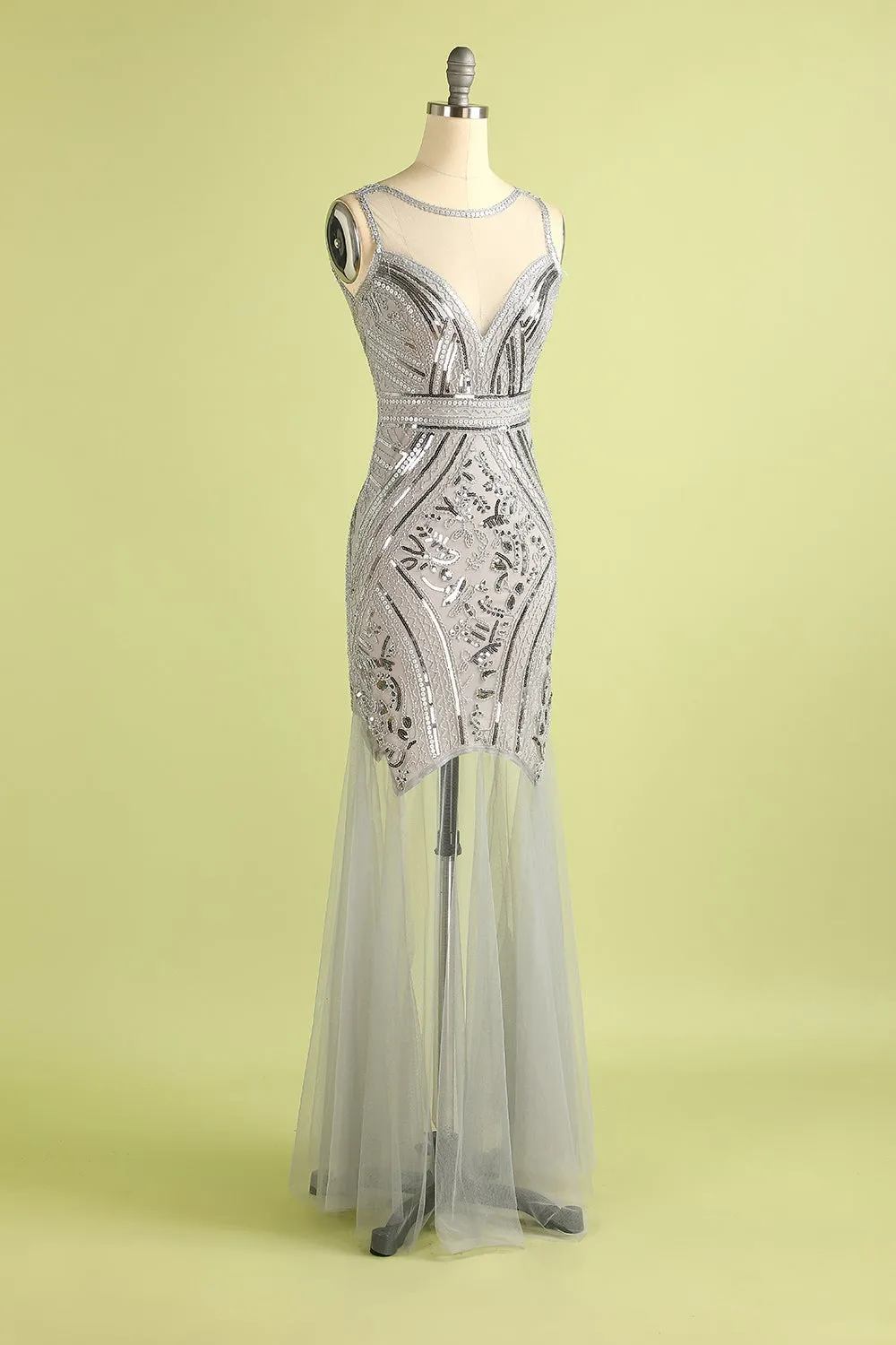 Black Long Tulle Sequin 1920s Dress