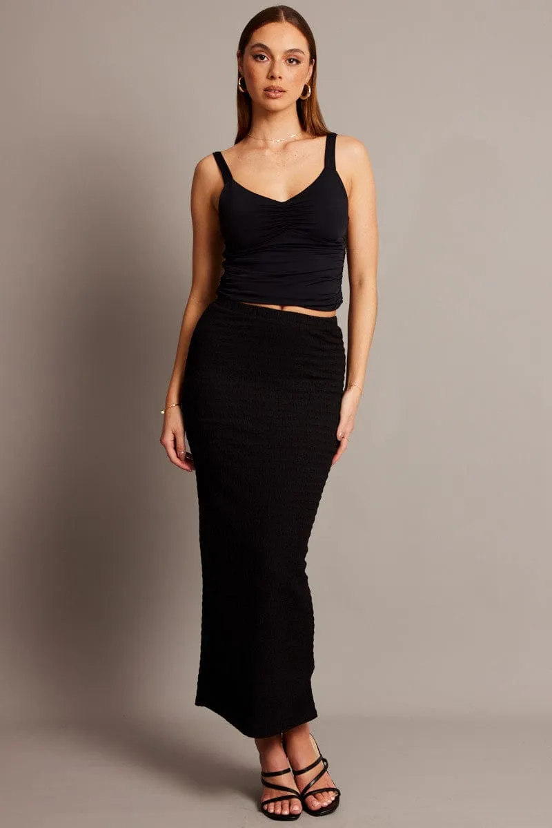 Black Midi Skirt High Rise Textured Jersey