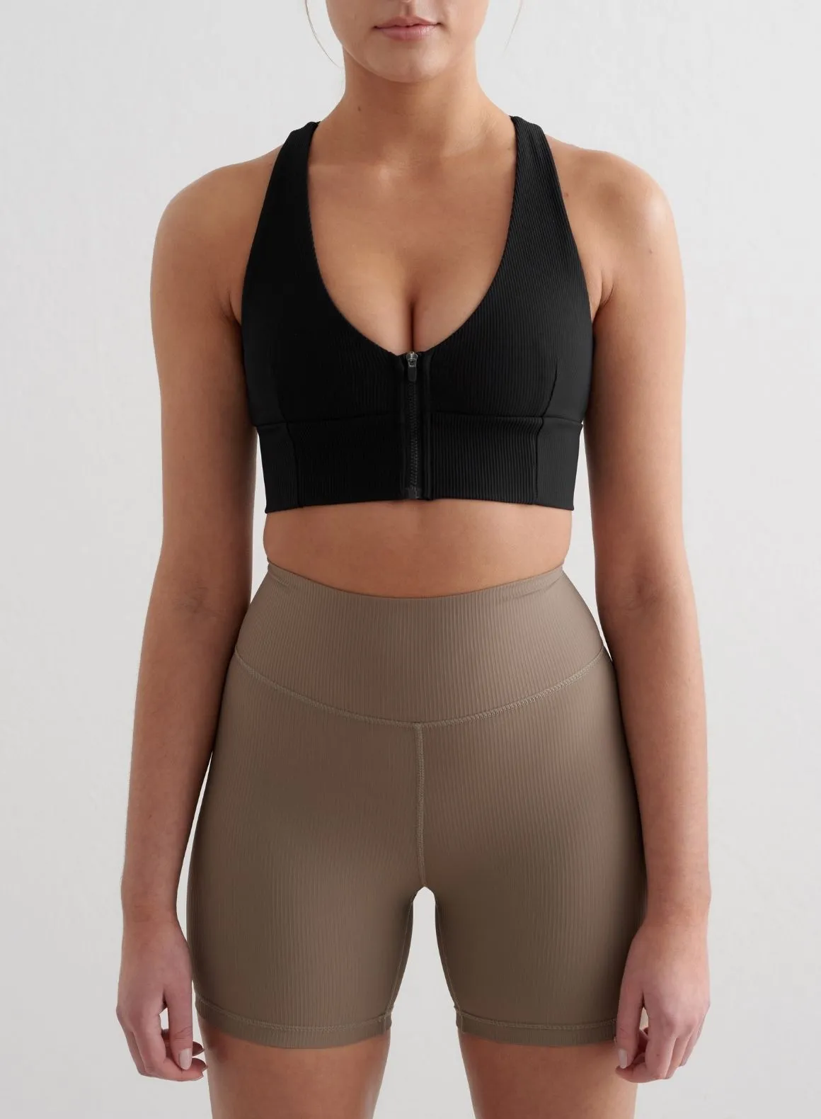 Black Ribbed Performance Zipped Bra