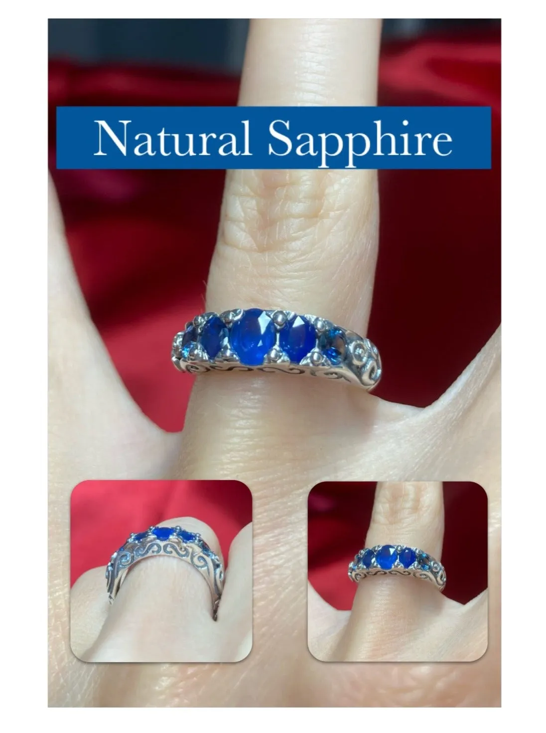 Blue Sapphire Ring, Natural or Simulated 5-Stone Georgian Ring, Victorian Jewelry Design#D19