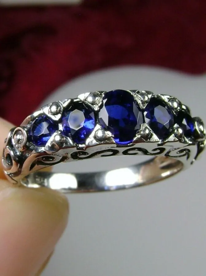 Blue Sapphire Ring, Natural or Simulated 5-Stone Georgian Ring, Victorian Jewelry Design#D19