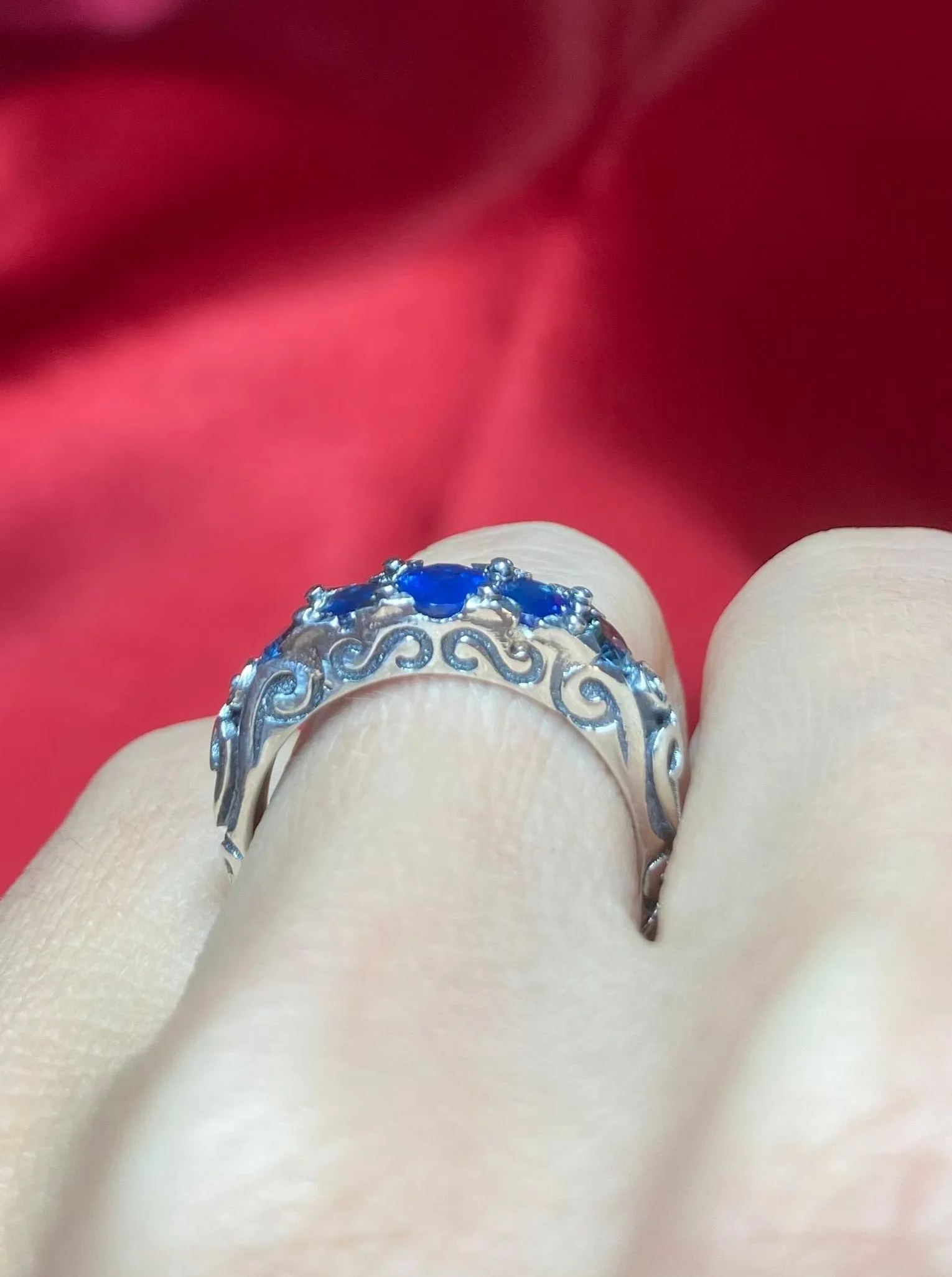 Blue Sapphire Ring, Natural or Simulated 5-Stone Georgian Ring, Victorian Jewelry Design#D19