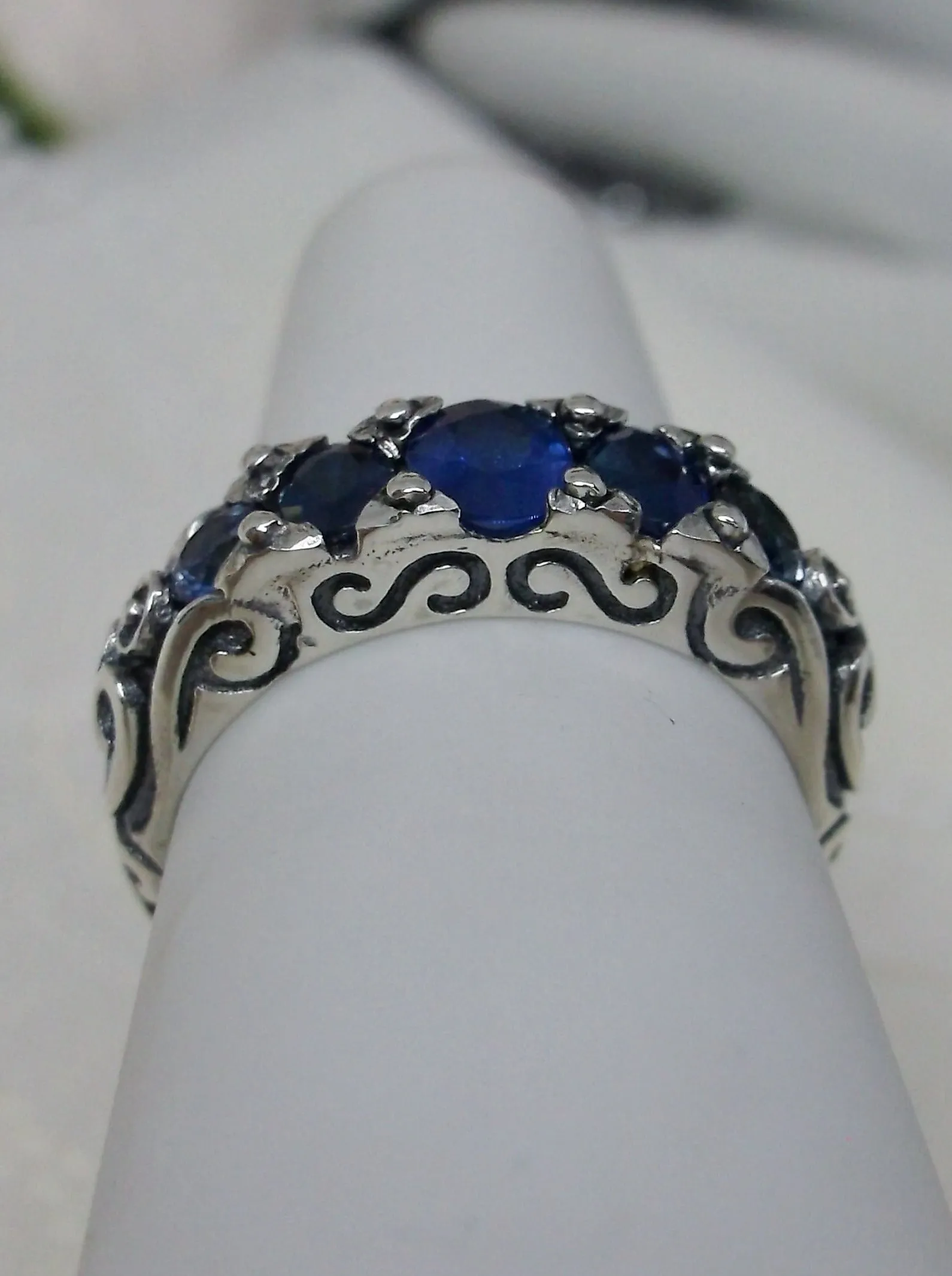 Blue Sapphire Ring, Natural or Simulated 5-Stone Georgian Ring, Victorian Jewelry Design#D19