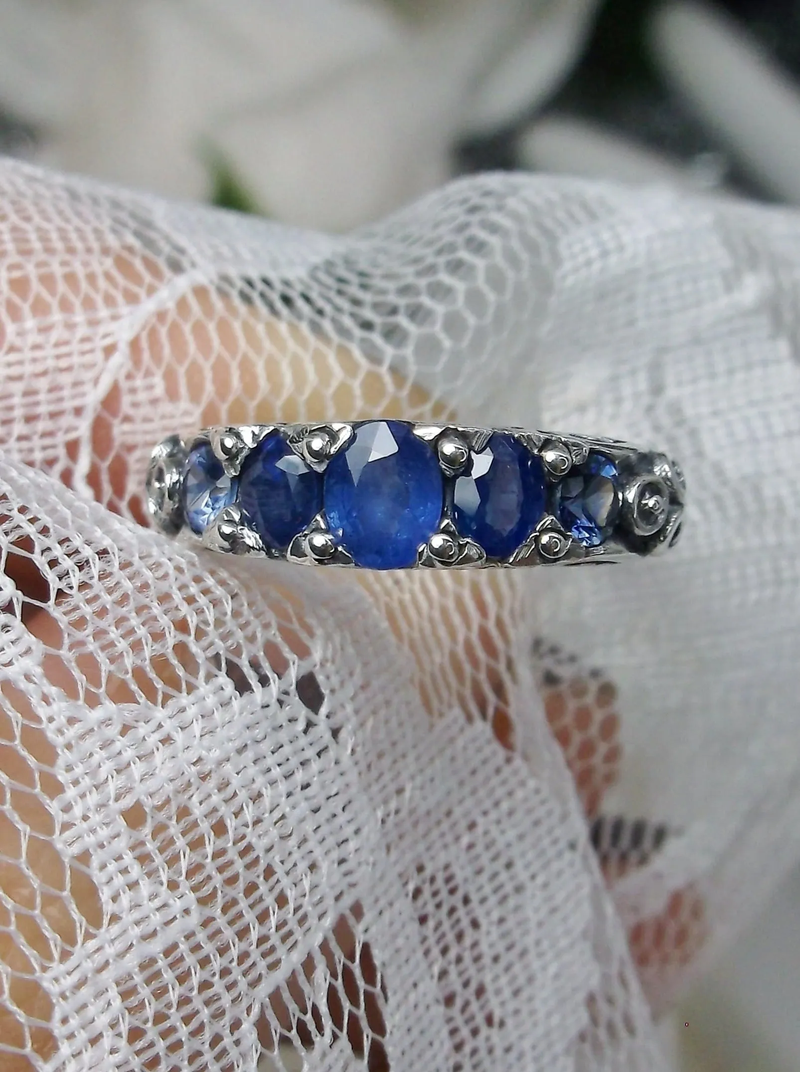 Blue Sapphire Ring, Natural or Simulated 5-Stone Georgian Ring, Victorian Jewelry Design#D19