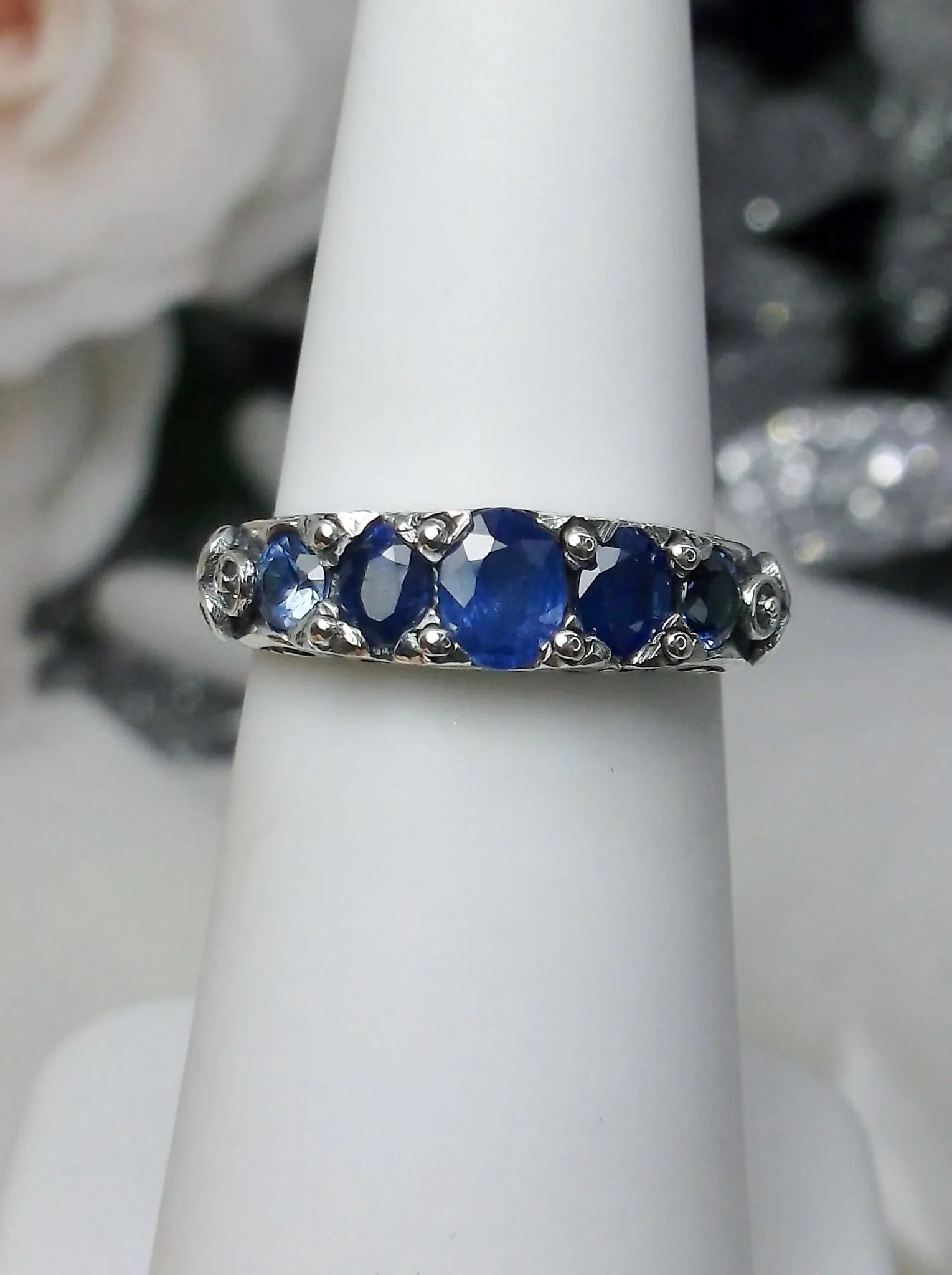 Blue Sapphire Ring, Natural or Simulated 5-Stone Georgian Ring, Victorian Jewelry Design#D19