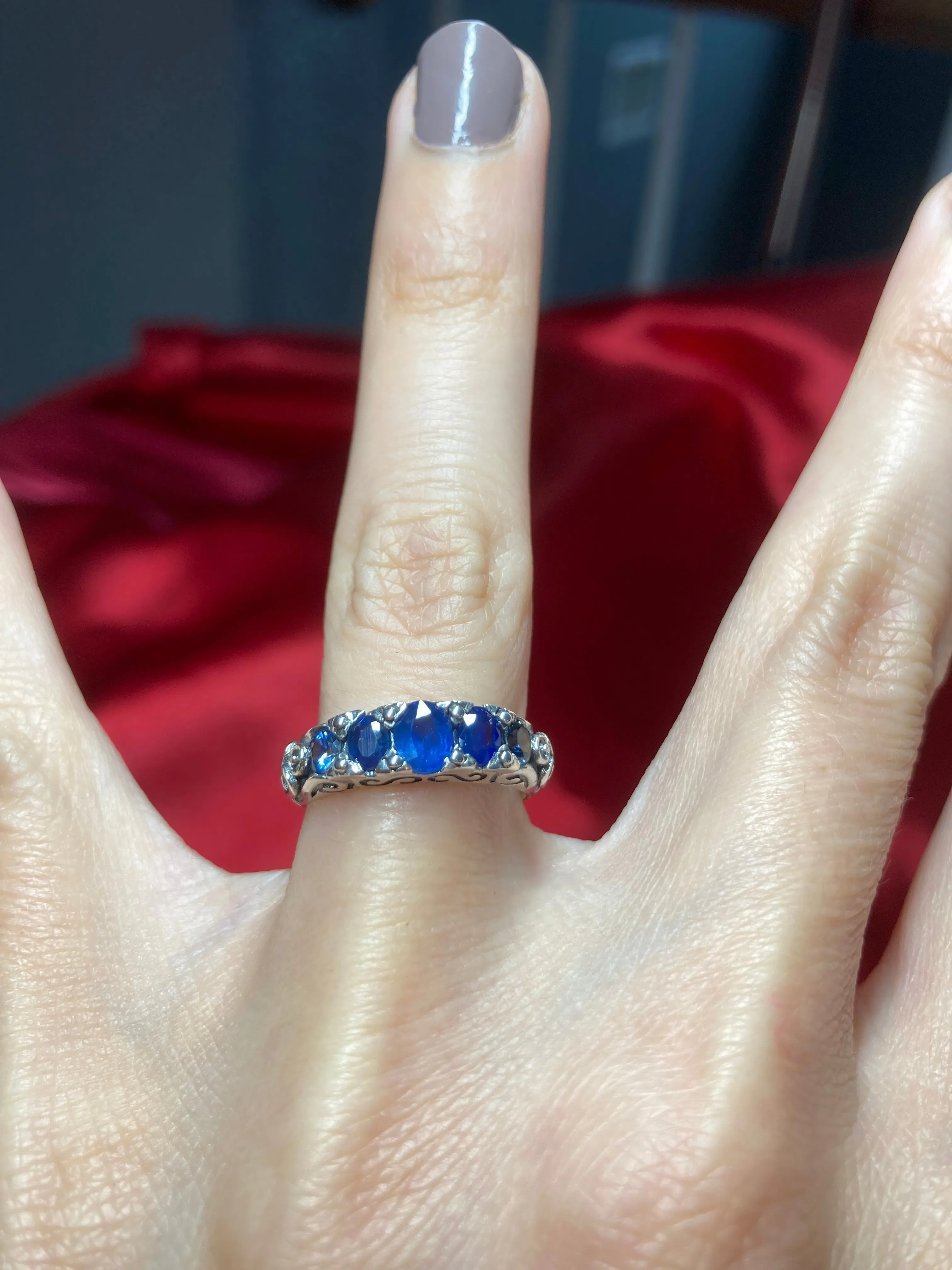 Blue Sapphire Ring, Natural or Simulated 5-Stone Georgian Ring, Victorian Jewelry Design#D19